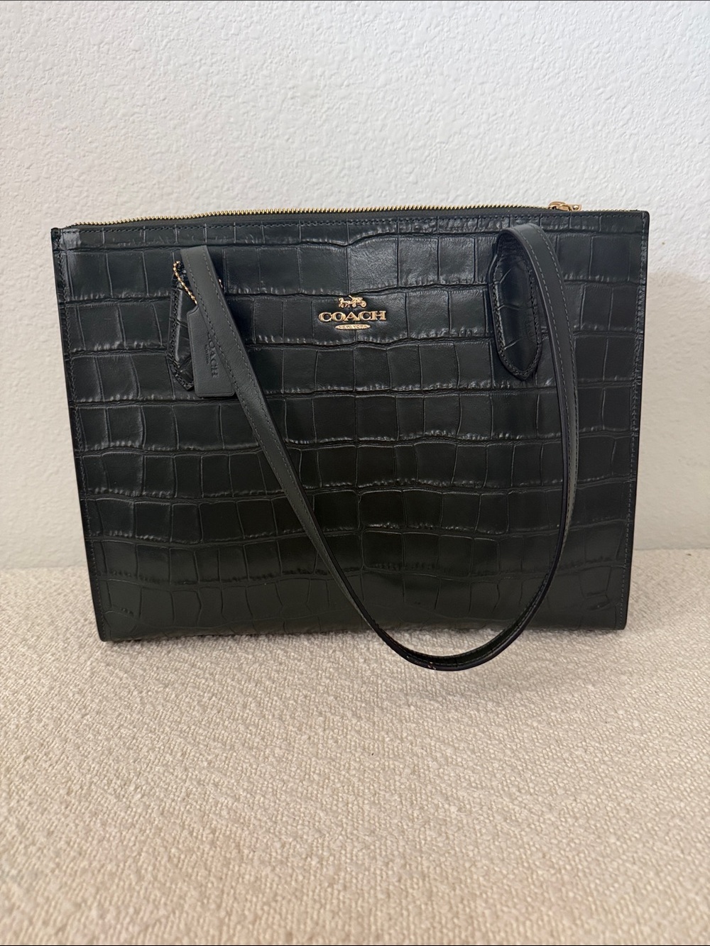Coach Black Croc-Embossed Tote with Gold Hardware